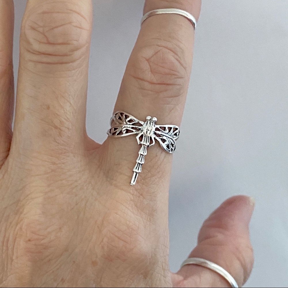 Sterling Silver Thin Dragonfly Ring, Boho Ring - image 1